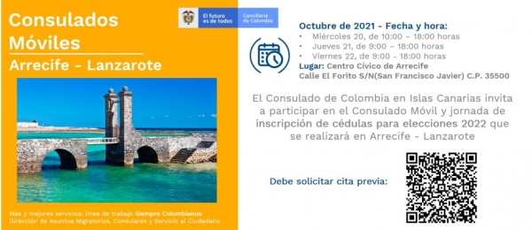 El Consulado de Colombia en Las Palmas de Gran Canaria realizará un Consulado Móvil en Arrecife, del 20 al 22 de octubre de 2021