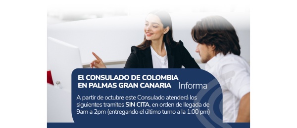 A partir de octubre de 2023 este Consulado atenderá los siguientes tramites SIN CITA, en orden de llegada de 9:00 am a 2:00 pm (entregando el último turno a la 1:00 pm)