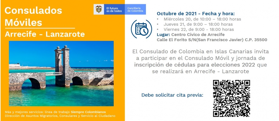 El de Colombia en Las Palmas de Gran Canaria un Consulado Móvil en Arrecife, del 20 al 22 de octubre de 2021 | Consulado de Colombia