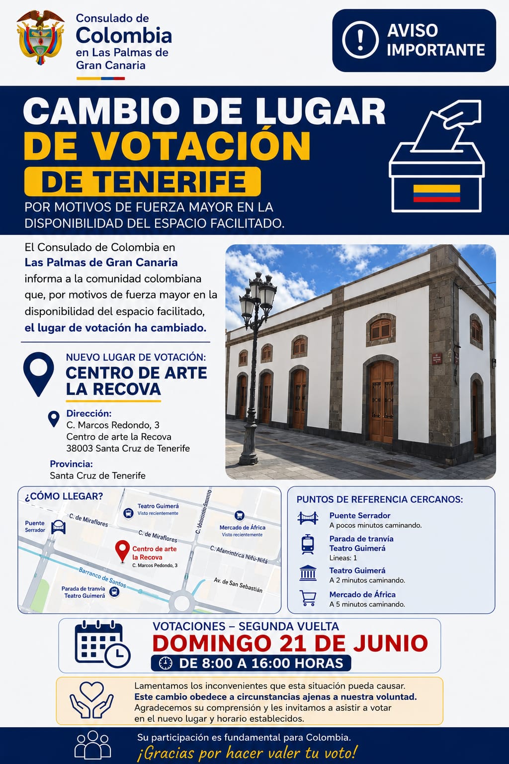 Atención votantes de Tenerife: el lugar del puesto de votación de Tenerife del domingo 21 de junio ha cambiado