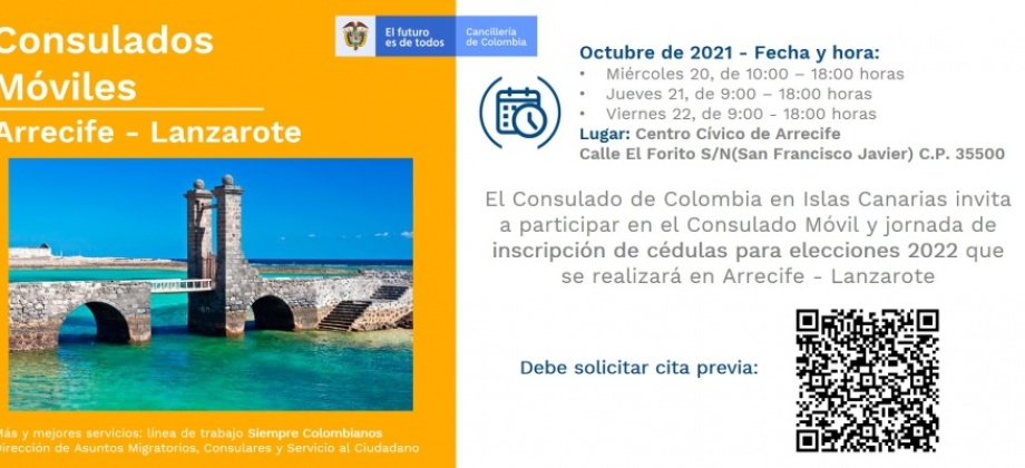 El Consulado de Colombia en Las Palmas de Gran Canaria realizará un Consulado Móvil en Arrecife, del 20 al 22 de octubre de 2021